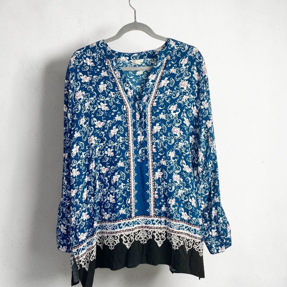 Cato Plus Size 14W 16W Peasant Tunic Top Blue Rayon Roll Tab Sleeve Boho V Neck